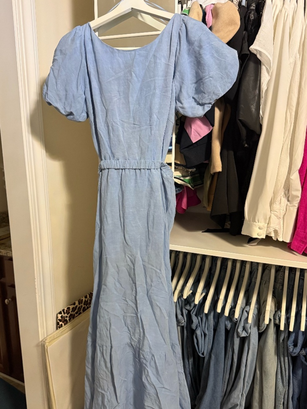 ASTR the Label Light Blue Jelena Puff Sleeve Back Cutout Midi Dress size large